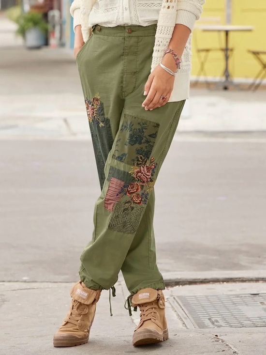Sundance Pants - NWT Sundance Romance Meadow Jogger army green embroidered floral patchwork sz 8